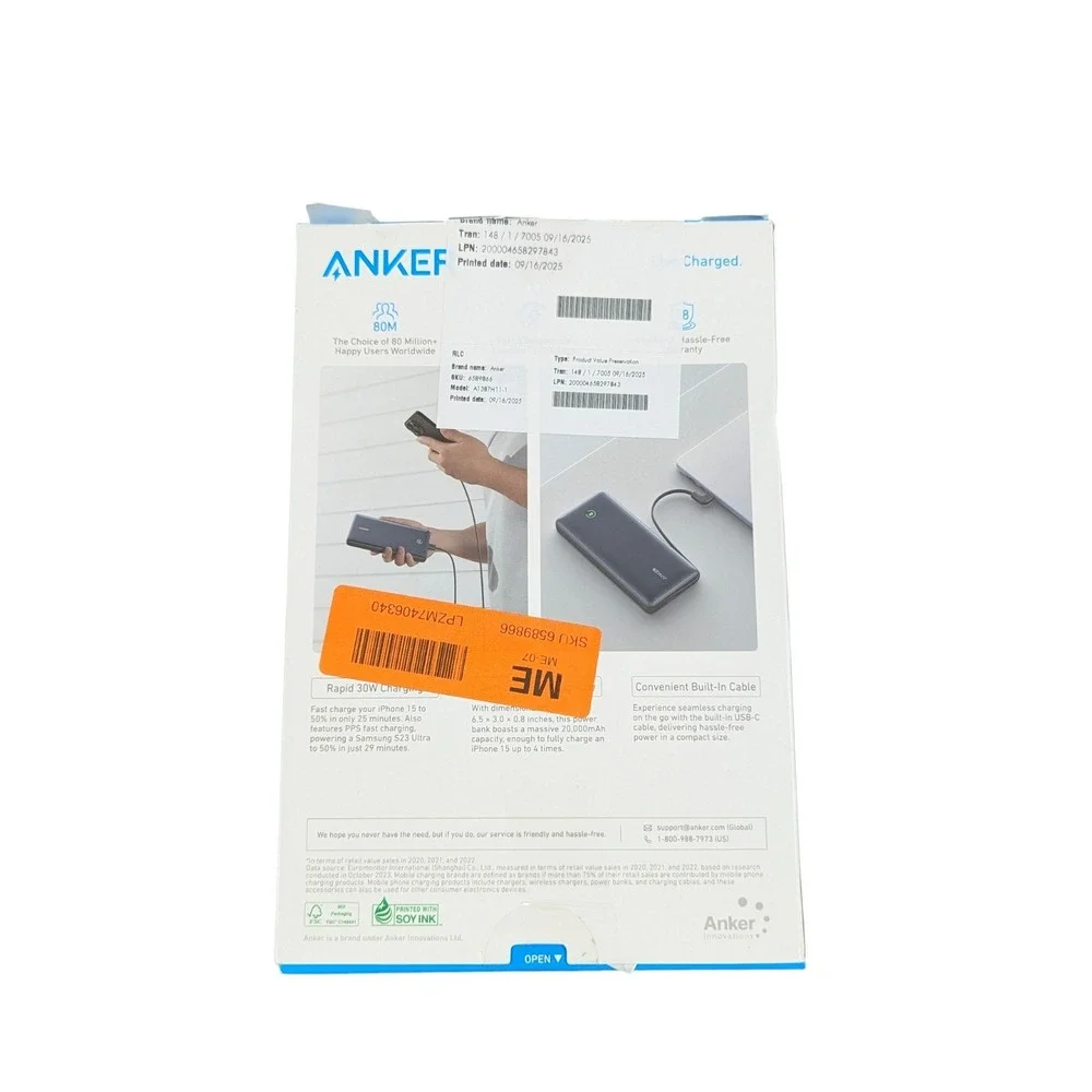 Cc3O Anker - Nano Power Bank (20,000mAh, 30W PD w/‎ built in USB-C Cable) Black